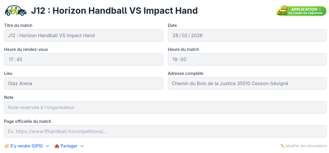 Formulaire d'informations du match